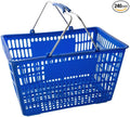 Plastic Shopping Basket, Blue, Steel Handles, 18 11/16 x 12 3/8 x 10 7/16 Inches, 55 lb Capacity, Stackable Design for Grocery Market