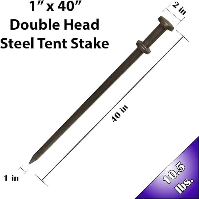 Double Head Tent Stakes - Heavy Duty Steel Tent Stakes, Versatile Ground Spikes to Anchor Commercial Inflatables, Party Tents, and Outdoor Camping Shelters, 1 x 40 Inch, 50-Pack