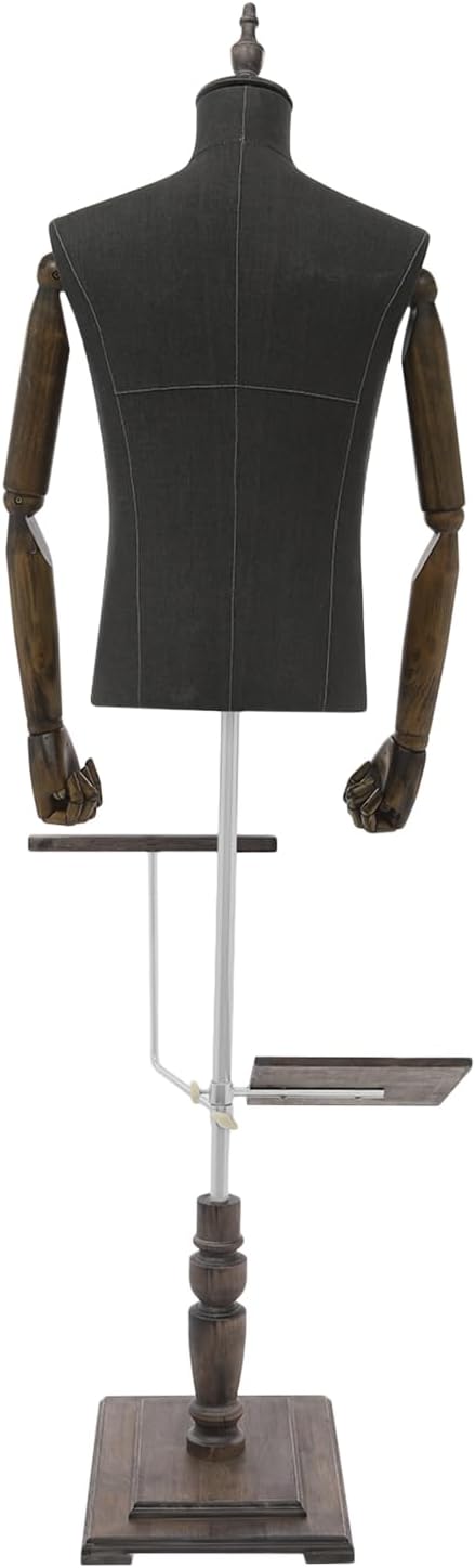 Male Clothing Display Racks, Height Adjustable Clothing Store Clothing Props with Stand and Solid Wood Arm, Male Mannequin Torso for Market Shop Window Display (Dark Grey)