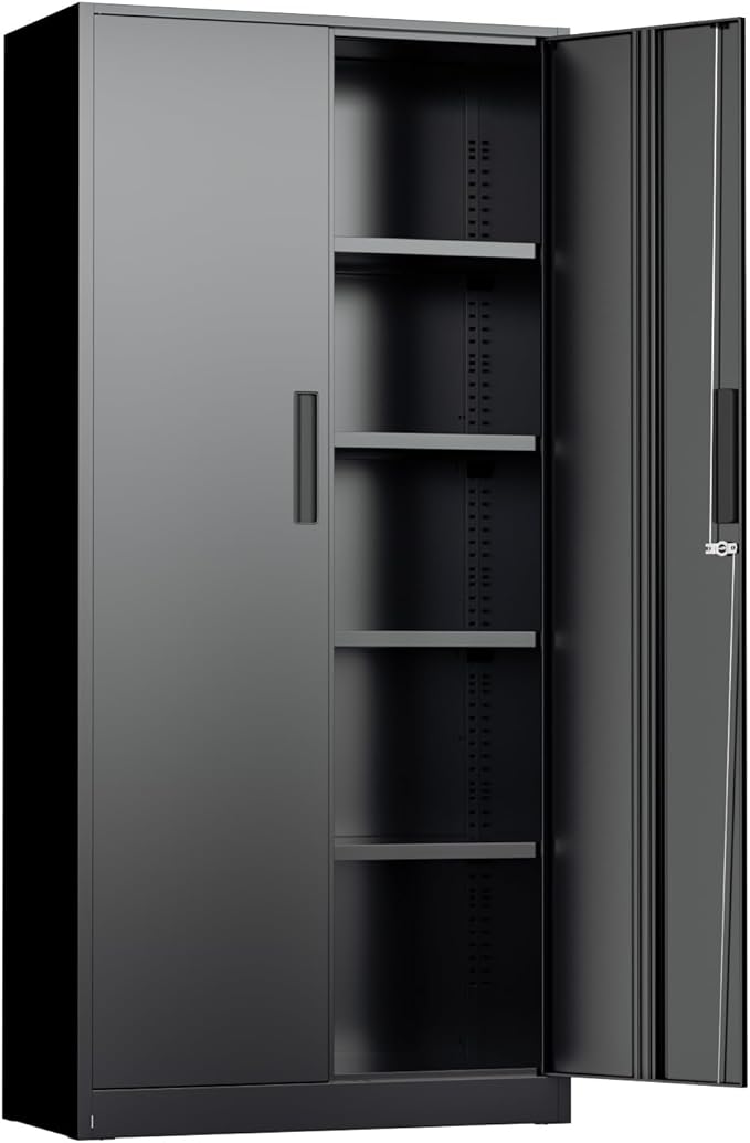 INTERGREAT Storage Cabinet with Doors and Shelves, Metal Garage Storage Cabinets with Lock, Black Lockable Steel Supply Cabinet for Home Office, Warehouse