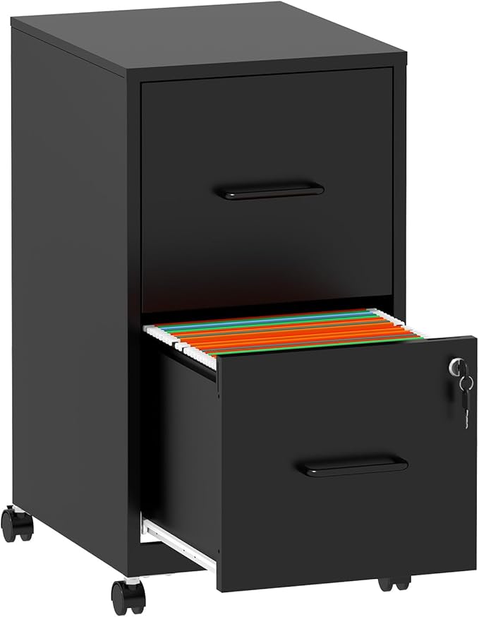 2 Drawer File Cabinet with Lock,Small Rolling Metal Office Storage Mobile Filing Cabinet with Wheels Under Desk,Vertical Locking File Cabinets for Home Office,Required Assembly,White