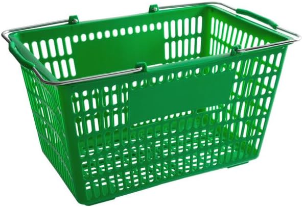 Plastic Shopping Basket, Green, 18 11/16 x 12 3/8 Inch, Steel Handles, 32L Capacity, Stackable Design for Grocery Market Store, 12 Pack