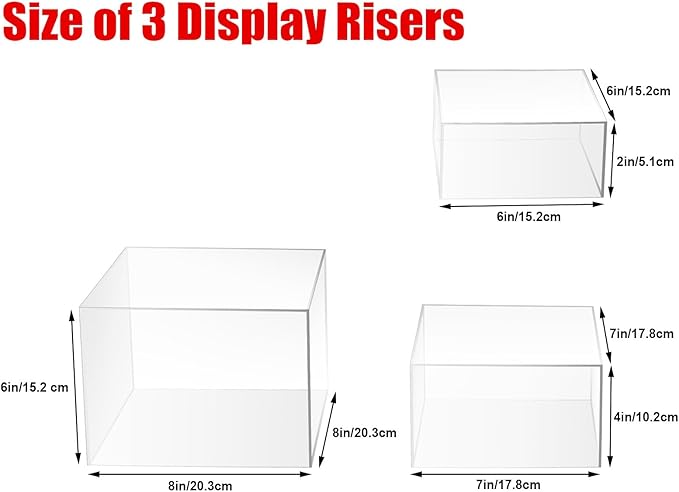 Clisela 3pcs Acrylic Cube Display Stands Box Risers with Hollow Bottoms, Food Risers for Buffet Table, Decorative Display Stand Shelf for Dessert Collectibles Jewelry Figures Show - Clear 6" 7" 8"
