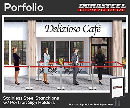 DuraSteel Crowd Control Barriers Stanchions with Retractable Belts & Sign Holder - Metal Stanchion Posts w/ 6.5ft Black Retractable Barrier Belt Ropes - Queue VIP Safety Line Dividers - Set of 6 Poles