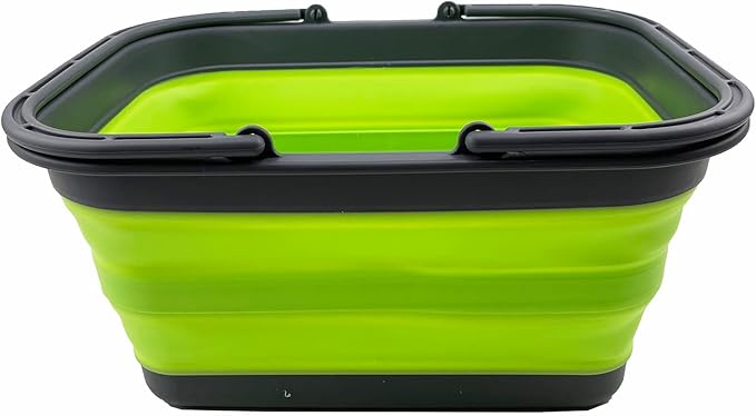 SAMMART 12L (3.17Gallon) Collapsible Tub with Handle - Portable Outdoor Picnic Basket/Crate - Foldable Shopping Bag - Space Saving Storage Container (Grey/Grass Green)