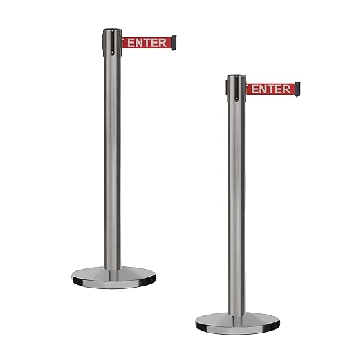 Montour Line MI650 Set of 2 Retractable Belt Barrier Stanchion, Cast Iron Base, Black Satin Stainless Steel Post (16 ft Red with"Caution - DO NOT Enter" White Letters Belt)