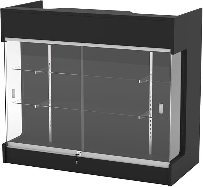 48" W x 22" D x 42" H - Tempered Glass Retail Display Case, Black Reception Desk, Retail Checkout Counter with Lockable Drawers, Suitable for Offices, Retail Stores and Boutiques