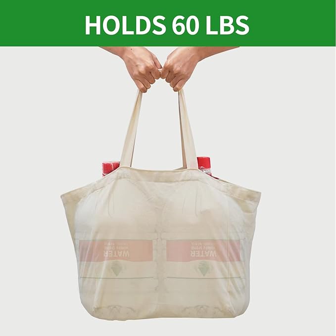 Canvas Reusable Grocery Bags Heavy Duty, 8.3 gal Foldable Large Tote Bag with Handles, Holds 60 lbs & Washable Eco-friendly Bags with 5 Pockets, Off white 1 Bags
