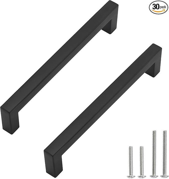 Cabinet Pulls Matte Black Cabinet Handles Square Drawer Pulls, 30 Pack 7-1/2 Inch Stainless Steel Kitchen Door Cupboard Cabinet Handles, Black Drawer Hardware Handles, 192mm Hole Centers