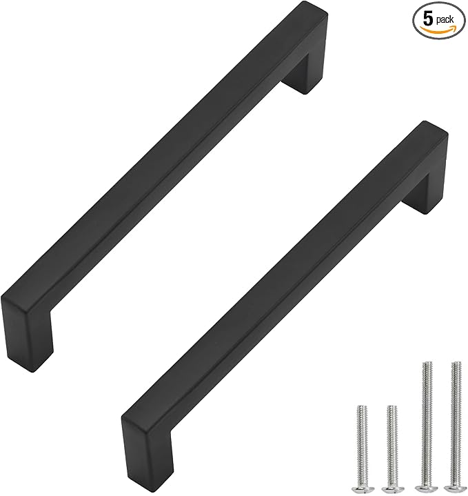 Cabinet Pulls Matte Black Cabinet Handles Square Drawer Pulls, 5 Pack 7-1/2 Inch Stainless Steel Kitchen Door Cupboard Cabinet Handles, Drawer Hardware Handles, 192mm Hole Centers