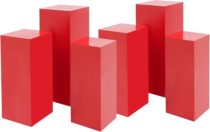 OUKANING 6 PCS Metal Display Pedestal Stands, Red Square Display Stands Pillars, Decoration Cube Sculpture Display Column for Wedding Party Baby Shower Birthday, H31.49'', 25.59'', 23.62''