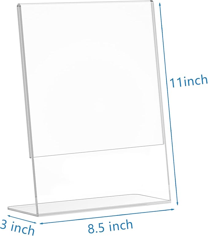 PecMuikee Slant Back Acrylic Sign Holder 8.5 x 11, Clear Picture Photo Frames Display Stand- Freestanding Tabletop Display Stand for Retail, Office, Restaurant , Flyers and Posters (12 Pcs)
