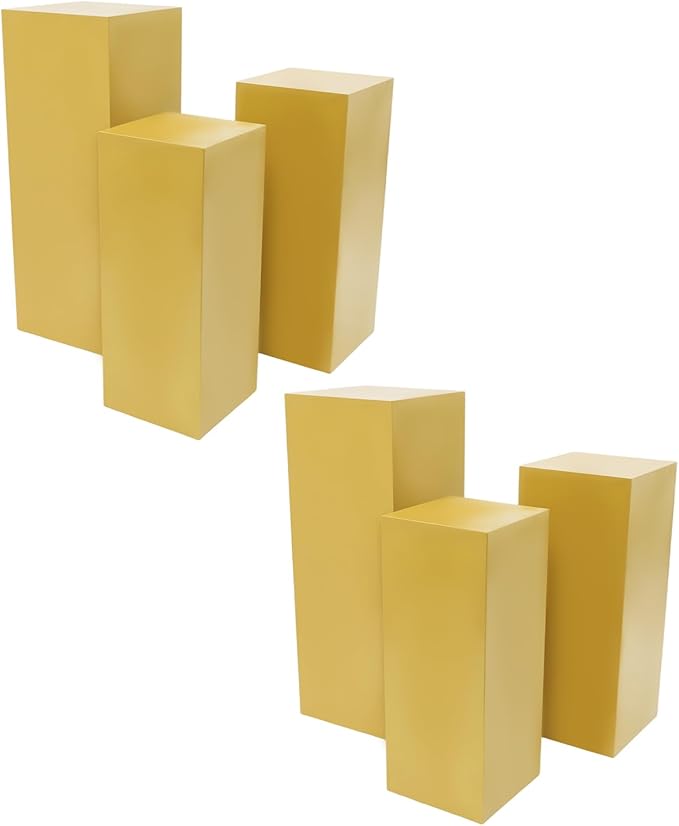 OUKANING 6 PCS Metal Display Pedestal Stands, Gold Square Display Stands Pillars, Decoration Cube Sculpture Display Column for Wedding Party Baby Shower Birthday, H31.49'', 25.59'', 23.62''