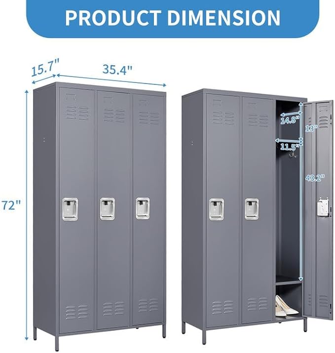 3 Doors Locker Storage Cabinet, Metal Locker for Employees, 72" Tall Lockers for Office School Gym Home, Require Assembly (Grey)
