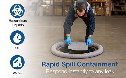 Universal Spill Kit OSHA Approved - Biohazard Clean up Kit for Oil, Water & Chemicals | 15 Absorbent Pads, 2 Socks, PPE, Biohazard Bags in Bright Orange Duffel Bag