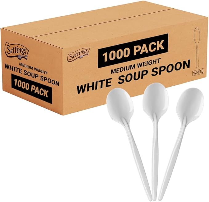 Plastic Soup Spoons, Disposable Silverware cutlery, White, Bulk 1000 Count