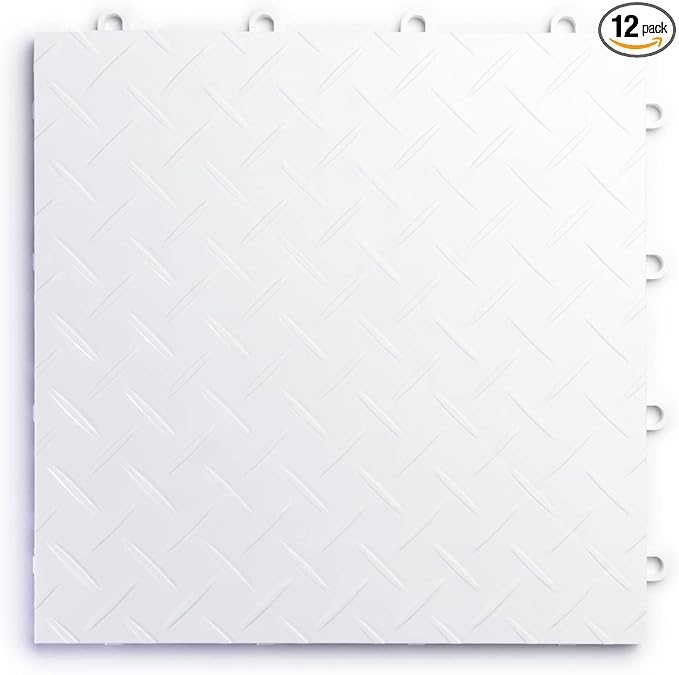 Big Floors RaceDeck Diamond Plate Design, Durable Interlocking Modular Garage Flooring Tile (White, 12 Pack of 12 x 12" Tiles)