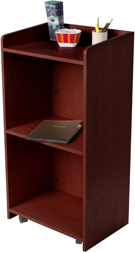 Displays2go Hostess Station, Hidden Wheels, Adjustable Shelf, Mahogany (LCKDPHSSM)