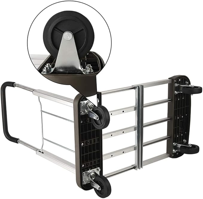 LEADALLWAY Platform Cart Foldable Push Cart Aluminum Adjustable Length Flatbed Cart with Polyurethane Mute Wheel,330-LB Capacity(with 2 Ropes)