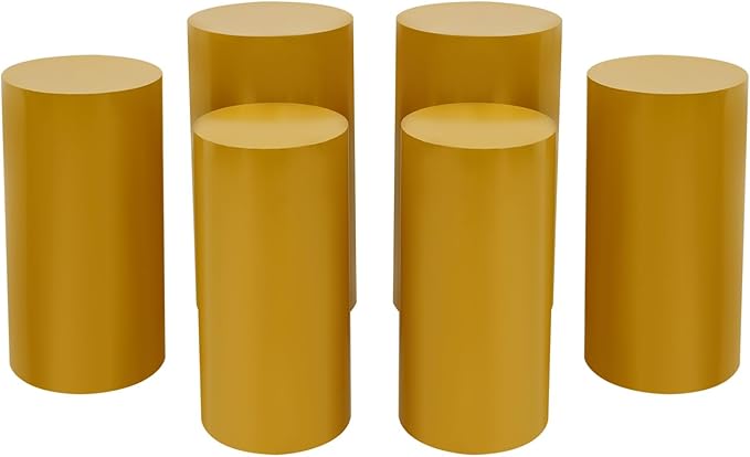 OUKANING 6 PCS Metal Display Pedestal Stands, Gold Cylinder Display Stands Pillars, Decoration Cube Sculpture Display Column for Wedding Party Baby Shower Birthday, H27.56'', 26'', 23.62''