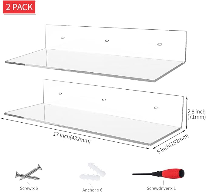 17 Inches Acrylic Shelves, Wall Mounted Shelves for Bedroom, Wall Display Shelves for Collectibles, Funko Pop, Speaker, Plants, 2 Pack