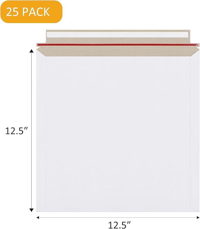 25 Pack 12.5x12.5 inch Rigid Mailer Self Seal Photo Document Mailers Stay Flat White Cardboard Envelopes White Photography Mailers for CD, Photos, Document
