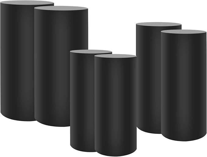 OUKANING 6 PCS Metal Display Pedestal Stands, Black Cylinder Display Stands Pillars, Decoration Cube Sculpture Display Column for Wedding Party Baby Shower Birthday, H27.56'', 26'', 23.62''