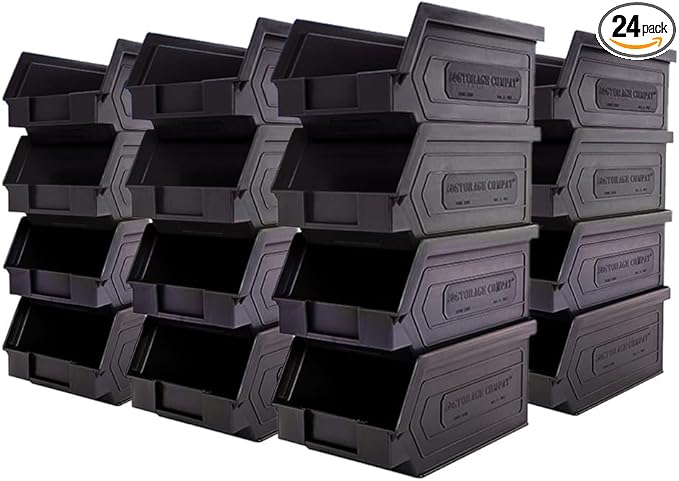 Plastic Storage Bins, Hanging, Stackable, Storage Organizer Bin for Warehouses, Workshops 7-Inch x 4-Inch x 3-Inch (Black, 50-Pack)