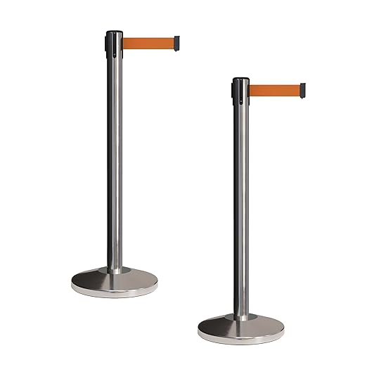 CCW Set of 2 Retractable Belt Barriers Stanchion, Polished Stainless Steel Post, RBB-100 (11 Foot Belt, Orange Belt)
