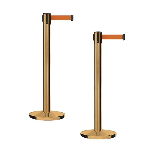 Montour Line MI650 Set of 2 Retractable Belt Barrier Stanchion, Cast Iron Base, Satin Brass Post (16 ft Orange Belt)