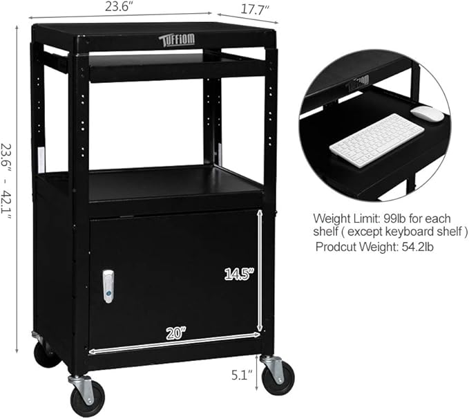 TUFFIOM AV Presentation Cart for Video Projector, Laptop Computer, Mobile Workstation Utility Media Cart for School Classroom Office, Rolling Storage Stand with Locking Cabinet Keyboard Shelf