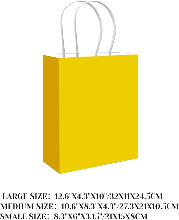qiqee 100PCS Gift Bag with Handles Bulk Bright Yellow Paper Bags Assorted Sizes(33pcs Large 13",33pcs Medium 11",34pcs Small 8")