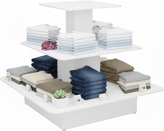 WISDOMFUR 3-Tier Square Retail Display Table – 48" x 48" x 42" White Merchandising Fixture with Multi-Level Shelving for Stores & Boutiques