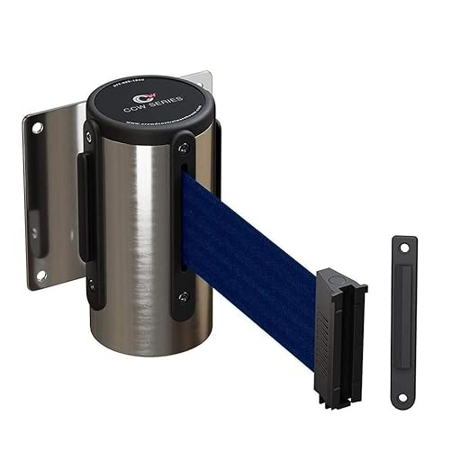Crowd Control Warehouse - CCW Series WMB-120 Fixed Wall Mount Retractable Belt Barrier - 11 Foot, Navy Blue Belt with Stainless Steel Case