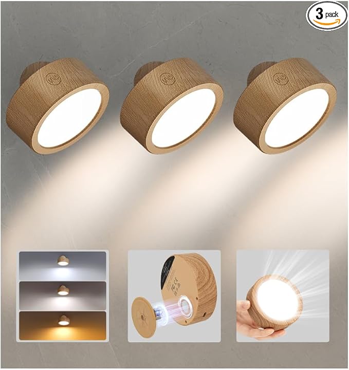EZVALO LED Wall Mounted Lights, 5500mAh Rechargeable Wall Sconces Lamp, 3 Color Temps & Remote and Touch Control, 360°Rotation Dimmable Cordless Wall Light Burlywood (3 Pack)