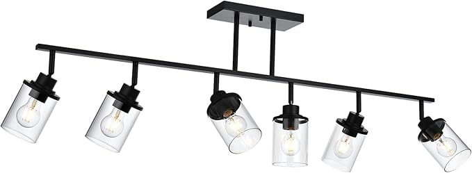 Yaohong 6-Light Track Lighting Kit Black Track Lighting Fixtures, Bathroom Wall Light Ceiling Mount Rotatable Spotlights, Kitchen Ceiling Light Fixtures with Glass Shade for Bathroom Hallway Shop