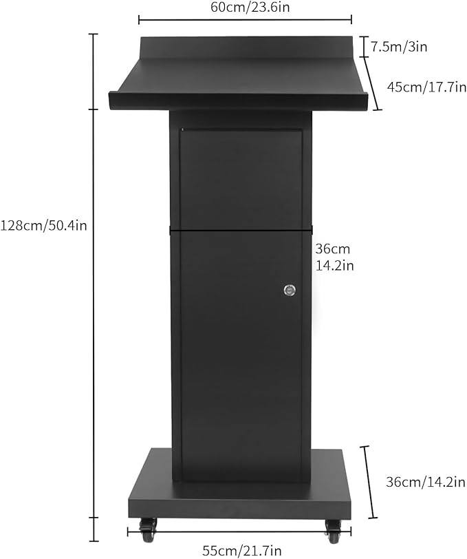 Tredre Metal Podium Stand with Wheels, Heavy-Duty Rolling Lectern for Classroom, Church & Office Presentations, Large Top, Locking Casters, Stable Base