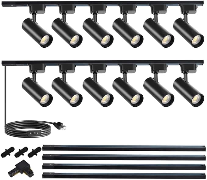 Super Brightness 25W 2000lm J&L Type LED Black Track Lighting System，6000K Cool Light Dimmable Brightness，with 13 FT Track Rails and Ceiling Spotlight Fixture Installation Package