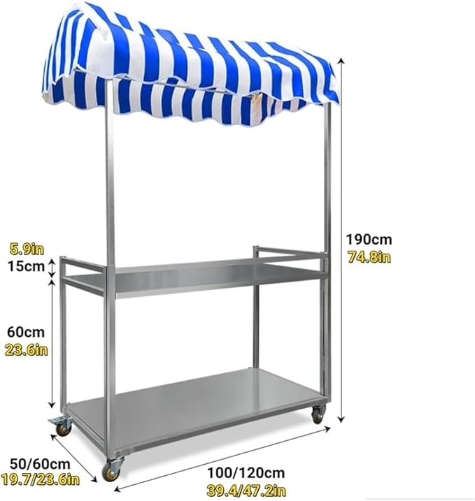 Outdoor Food Cart with Canopy, Portable Street Vendor Stand, Foldable Commercial Vending Trolley Kiosk for Market, Street Food and Events(Blue,39.4x19.7in)
