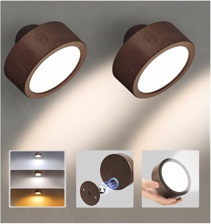 EZVALO LED Wall Mounted Lights, 5500mAh Rechargeable Wall Sconces Lamp, 3 Color Temps & Remote and Touch Control, 360°Rotation Dimmable Cordless Wall Light for Bedroom Reading Study (2 Pack Walnut)