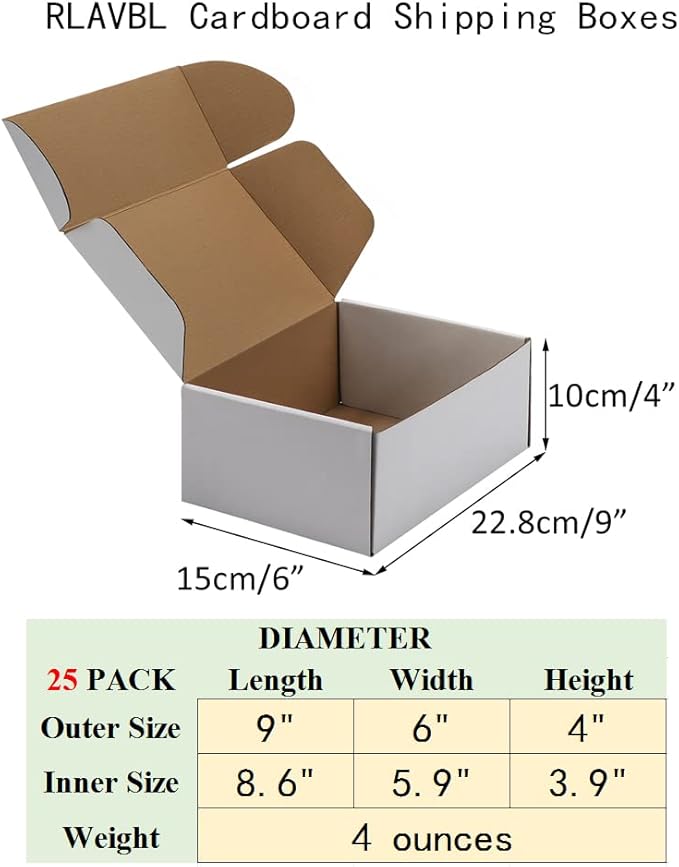 RLAVBL 9x6x4 Inches Shipping Boxes Set of 25, White Corrugated Cardboard Box, Mailer Boxes for Packing Small Business