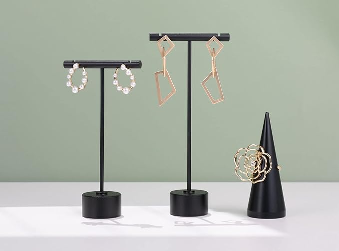 GemeShou Black Metal T Shape Earring Display holders, Earring T Stand for Show, T Bar Jewelry Stand for Online Store Photography【Black-Round Base Height 5.3"】