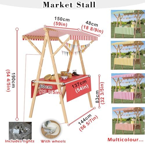 Foldable Wooden Market Stall with Canopy & Tablecloth - Portable Outdoor Concession Booth for Crafts, Gifts, Food & Lemonade - Retail Kiosk Display Stand (Red, 180x60cm/70.9x23.6in)