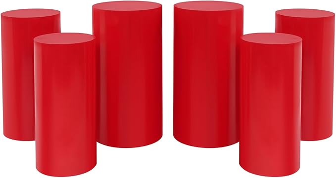 OUKANING 6 PCS Metal Display Pedestal Stands, Red Cylinder Display Stands Pillars, Decoration Cube Sculpture Display Column for Wedding Party Baby Shower Birthday, H27.56'', 26'', 23.62''