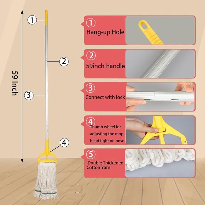 OFO Loop-End String Mop, Heavy Duty Commercial Industrial Mop with Extra Mop Head Replacement, 59 inch Handle for Floor Cleaning