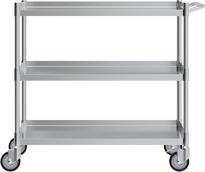 3 Shelf Stainless Steel Tubular Utility Cart | 21 in. Wide X 33 in. Long X 33 in High | Metal Utility Cart on Wheels with Handle | NSF