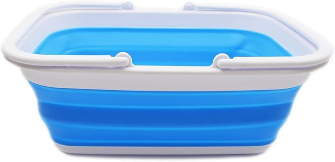 SAMMART 9.2L (2.37Gallon) Collapsible Tub with Handle - Portable Outdoor Picnic Basket/Crater - Foldable Shopping Bag - Space Saving Storage Container (1, White/Marine Blue)