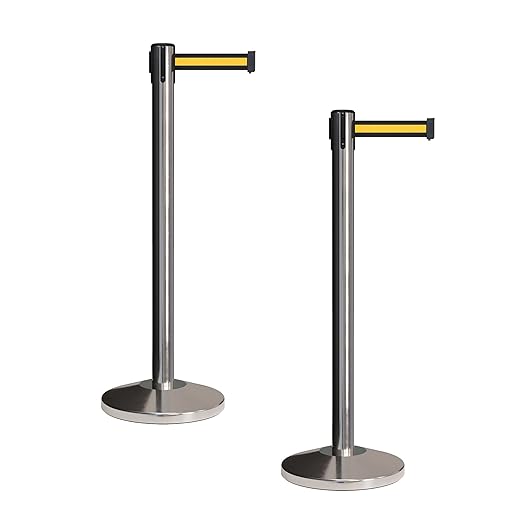 CCW Set of 2 Retractable Belt Barriers Stanchion, Polished Stainless Steel Post, RBB-100 (11 Foot Belt, Black Yellow Horizontal Stripe Belt)