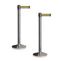 Crowd Control Warehouse CCW Set of 2 Retractable Belt Barriers Stanchion, Polished Stainless Steel Post, RBB-100 (9 Foot Belt, Black Yellow Horizontal Stripe Belt)