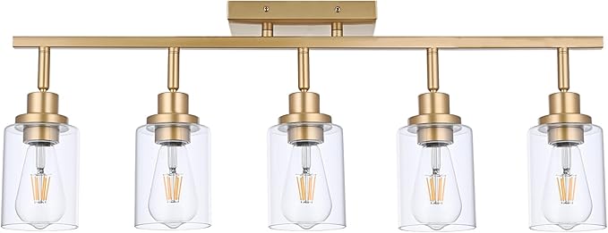 5-Light Multi-Directional Rotating Kitchen Tracking Lights Gold, Modern Track Lighting Fixture with Clear Glass, Bathroom Ceiling Vanity Lights Track Lighting Kits for Kitchen Accent Shop